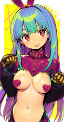 Rule 34 | 1girl, :p, animal ears, blue hair, blush, breasts, clenched hands, collar, covered erect nipples, fake animal ears, heart pasties, kula diamond, long hair, looking at viewer, medium breasts, meme attire, navel, onono imoko, pasties, paw pose, rabbit ears, red eyes, revealing clothes, reverse bunnysuit, reverse outfit, shrug (clothing), solo, standing, the king of fighters, tongue, tongue out, yellow background