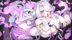 Rule 34 | 1girl, animal ears, aura, breasts, cleavage, colored tongue, dark aura, dress, floating, frilled dress, frills, ghost, ghost girl, highres, large breasts, long hair, looking at viewer, mayuri kaichou, multicolored eyes, open mouth, original, purple tongue, solo, teeth, tongue, tongue out, white hair