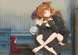 Rule 34 | 1boy, 1girl, absurdres, age difference, aida kensuke, brown hair, carrying, chin rest, closed eyes, couple, cup, doll, evangelion: 3.0+1.0 thrice upon a time, glasses, grin, hair ornament, hairclip, head on head, head rest, highres, holding person, hood, hug, hug from behind, indoors, jacket, leg grab, legs, long hair, neon genesis evangelion, piggyback, rebuild of evangelion, smile, souryuu asuka langley, standing
