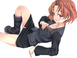 Rule 34 | 10s, 1girl, alternate eye color, arm support, azumi (girls und panzer), black footwear, black jacket, black skirt, boots, bright pupils, brown hair, clothes pull, cross-laced footwear, girls und panzer, jacket, jacket pull, lace-up boots, leaning forward, leg up, long sleeves, looking at viewer, lying, md5 mismatch, military, military uniform, miniskirt, mituki (mitukiiro), naughty face, on back, parted bangs, parted lips, pencil skirt, red eyes, selection university military uniform, short hair, simple background, skirt, smile, solo, uniform, white background, white pupils
