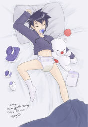 Rule 34 | baby elliot, bedwetting, diaper, final fantasy, full body, lying, moogle, mouth hold, on back, pacifier, peeing, peeing self, print diaper, sleeping, socks, wet, wet diaper, white diaper, white socks