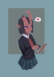 Rule 34 | 1girl, absurdres, black hair, black sclera, black shirt, broken horn, closed mouth, collared shirt, colored sclera, commentary request, cowboy shot, glowing, glowing eyes, grey background, grey skirt, heart, highres, holding, horns, long sleeves, looking at viewer, monster girl, necktie, oni, original, pleated skirt, pointy ears, purple eyes, red necktie, shirt, short hair, skirt, solo, sorapoi, spoken heart, sweat