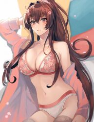 Rule 34 | 1girl, bikini, blush, breasts, brown eyes, brown hair, cherry blossoms, cleavage, collarbone, flower, hair between eyes, hair flower, hair ornament, highres, jacket, kantai collection, kasumi (skchkko), large breasts, long hair, looking at viewer, navel, open clothes, open jacket, open mouth, petals, pink flower, pink jacket, ponytail, revision, solo, swimsuit, very long hair, white bikini, yamato (kancolle)