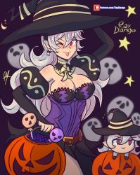 Rule 34 | 1girl, breasts, cleavage, corrin (female) (fire emblem), corrin (fire emblem), fire emblem, grey hair, halloween, hat, highres, large breasts, legs, long hair, nintendo, one eye closed, raydango, red eyes, smile, thighs, tongue, tongue out, wink, witch, witch hat