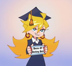Rule 34 | 1girl, ahoge, alternate costume, aqua eyes, blonde hair, blue dress, blue hat, bright pupils, collared shirt, commentary, diploma, dress, earrings, english commentary, english text, eyeshadow, flipped hair, gradient background, grin, hair between eyes, half-closed eyes, hat, highres, holding, holding sign, hoop earrings, jewelry, kooni, long hair, looking at viewer, makeup, mortarboard, nail polish, panty &amp; stocking with garterbelt, panty (psg), pink eyeshadow, red nails, shirt, sign, smile, solo, symbol-only commentary, teeth, white pupils, white shirt