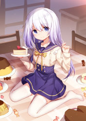 Rule 34 | 1girl, bison cangshu, blue eyes, bow, bowtie, cake, cake slice, candy, chair, closed mouth, food, fork, frilled shirt, frills, fruit, hands up, high-waist skirt, highres, holding, holding fork, holding plate, indoors, lollipop, long hair, long sleeves, looking at viewer, no shoes, on table, orange bow, orange bowtie, plate, pudding, purple sailor collar, purple skirt, sailor collar, school uniform, serafuku, shirt, sitting, skirt, smile, solo, strawberry, table, thighhighs, wariza, warship girls r, white hair, white shirt, white thighhighs, yukikaze (warship girls r), zettai ryouiki