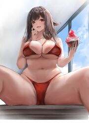 Rule 34 | 1girl, absurdres, azur lane, bikini, breasts, collarbone, commentary, english commentary, fang, food, highres, holding, holding food, large breasts, liaowen, looking at viewer, medium breasts, navel, open mouth, red bikini, red eyes, royal fortune (azur lane), royal fortune (eyes on the prize) (azur lane), shaved ice, sitting, skin fang, smile, solo, swimsuit, tentacle hair, window