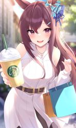 Rule 34 | 1girl, absurdres, alternate costume, bag, belt, black hair, blurry, blurry background, blush, casual, commentary request, drink, hair between eyes, hair ornament, highres, horse girl, long hair, looking at viewer, mejiro dober (umamusume), open mouth, paper bag, purple eyes, solo, umamusume, zeatto