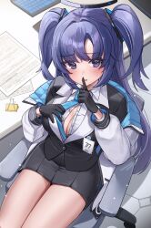 Rule 34 | 1girl, absurdres, black gloves, black jacket, black skirt, blazer, blue archive, blue eyes, blue hair, breasts, chair, cleavage, collared shirt, finger to mouth, from above, gloves, hair ornament, halo, highres, jacket, long hair, long sleeves, looking at viewer, medium breasts, miniskirt, off shoulder, office chair, open clothes, open jacket, open mouth, pleated skirt, shirt, shushing, sitting, skirt, solo, suisen (suisenhwa), sweat, swivel chair, thighs, two side up, unbuttoned, unbuttoned shirt, undershirt, very long hair, white jacket, white shirt, yuuka (blue archive)