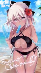Rule 34 | 1girl, bare arms, bare shoulders, beach, bikini, black bikini, black bow, blue sky, bow, breasts, character name, cleavage, cleavage cutout, clothing cutout, cloud, cloudy sky, collarbone, commentary request, criss-cross halter, dark-skinned female, dark skin, day, english text, fate/grand order, fate (series), flower, food, food in mouth, hair bow, hair flower, hair ornament, halterneck, holding, holding food, horizon, koha-ace, large breasts, leaning forward, long hair, mouth hold, navel, ocean, okita souji (fate), okita souji alter (fate), okita souji alter (first ascension) (fate), outdoors, popsicle, red flower, sand, side-tie bikini bottom, silver hair, sky, solo, standing, swimsuit, water, yukimiya yuge
