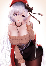 Rule 34 | 1girl, :o, absurdres, an yasuri, aran sweater, azur lane, bare shoulders, belfast (azur lane), belfast (shopping with the head maid) (azur lane), beret, between breasts, black legwear, black skirt, blush, breast hold, breasts, brown sweater, cable knit, choker, cleavage, collarbone, earrings, food, hat, hat ribbon, highres, hoop earrings, jewelry, large breasts, leaning forward, long hair, looking at viewer, off-shoulder sweater, off shoulder, pocky, ribbon, silver hair, skirt, smile, solo, sweater