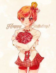 Rule 34 | 10s, 1girl, bike shorts, blush, bouquet, bow, chocolate, cowboy shot, crown, flower, hair bow, happy birthday, holding, holding flower, kenjou akira, kirakira precure a la mode, looking at viewer, mini crown, nene (oneoneo13), plaid, plaid skirt, precure, red bow, red eyes, red flower, red hair, red rose, red shorts, red skirt, rose, short hair, shorts, shorts under skirt, simple background, skirt, smile, solo, star (symbol), star in eye, symbol in eye, very short hair, white background, white skirt