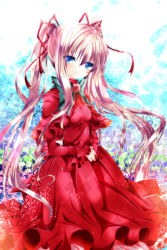 Rule 34 | 00s, 1girl, bad id, bad pixiv id, blue eyes, bow, dress, female focus, flower, frilled sleeves, frills, gradient background, hair ribbon, light smile, long hair, nanase nao, pink hair, red dress, ribbon, rozen maiden, shinku, solo, twintails, very long hair