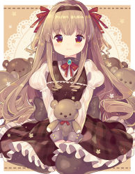 Rule 34 | 1girl, :3, absurdres, blush, bow, brooch, brown background, brown eyes, brown hair, brown hairband, brown pantyhose, brown skirt, brown vest, closed mouth, commentary request, doily, dotted line, frilled skirt, frills, hair between eyes, hair bow, hairband, highres, ikari (aor3507), jewelry, juliet sleeves, long hair, long sleeves, looking at viewer, original, pantyhose, plaid, plaid skirt, puffy sleeves, red bow, ribbed shirt, shirt, sitting, skirt, smile, solo, stuffed animal, stuffed toy, teddy bear, two-tone background, two side up, v arms, very long hair, vest, wariza, white background, white shirt