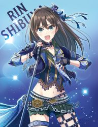 Rule 34 | 1girl, belt, belt collar, brown hair, chain, character name, collar, earrings, fingerless gloves, gloves, green eyes, hair ornament, hand on own chest, hat, highres, holding, holding microphone, idolmaster, idolmaster cinderella girls, jacket, jewelry, long hair, microphone, midriff, navel, necktie, open mouth, pants, pendant, shibuya rin, solo, star (symbol), tazu, thigh strap