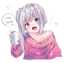 Rule 34 | 1girl, alcohol, bad id, bad pixiv id, beer, beer can, blue eyes, can, drink can, drunk, fang, girls&#039; frontline, heterochromia, highres, holding, holding can, long sleeves, mdr (girls&#039; frontline), multicolored hair, off-shoulder sweater, off shoulder, open mouth, pink eyes, pink sweater, ribbed sweater, side ponytail, silver hair, simple background, solo, streaked hair, sweater, upper body, urim (paintur), white background