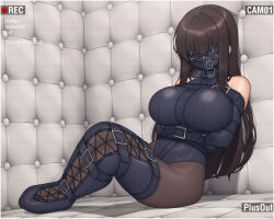 1girl arms_under_breasts artist_name bare_shoulders bdsm belt belt_buckle blindfold blush bound bound_arms bound_legs breasts brown_hair buckle full_body gag gagged highres large_breasts legbinder long_hair original padded_walls pantyhose plusout recording solo straitjacket viewfinder