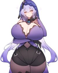 Rule 34 | 1girl, absurdres, alternate breast size, arm hug, black gloves, black shorts, black swan (honkai: star rail), breasts, cleavage, curvy, dress, gem, gloves, heart, highres, honkai: star rail, honkai (series), huge breasts, long hair, looking at viewer, orange eyes, purple dress, purple eyes, purple hair, purple veil, rikuguma, shorts, smile, solo, thick thighs, thighhighs, thighs, veil, white background, wide hips