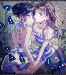 Rule 34 | 2girls, backless outfit, bare shoulders, black hair, blue bow, bow, braid, brown hair, bug, butterfly, dress, earrings, floral background, green nails, grey eyes, haduki tohru, hair bun, hair up, highres, holding hands, insect, jewelry, long hair, looking at viewer, multiple girls, nail polish, necklace, original, pink eyes, short hair, single hair bun, standing, very long hair, white dress, yuri