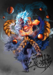 Rule 34 | 1boy, absurdres, akuma (street fighter), aura, barefoot, beads, blue hair, colored skin, fangs, fighting stance, floating, floating object, glowing, glowing eyes, glowing hands, highres, kuruoshiki oni, male focus, muscular, no pupils, prayer beads, purple skin, rgm501, rope, shimenawa, solo, standing, standing on one leg, street fighter, topless male