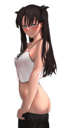Rule 34 | 1girl, ass, bare arms, bare shoulders, black hair, black ribbon, blue eyes, blush, breasts, camisole, closed mouth, clothes pull, collarbone, embarrassed, fate/stay night, fate (series), from side, hair ribbon, highres, long hair, looking at viewer, looking to the side, pants, pants pull, pulled by self, pussy juice, ribbon, simple background, small breasts, solo, spaghetti strap, tamamoice, tohsaka rin, two side up, white background, white camisole