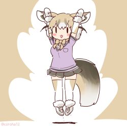 Rule 34 | 1girl, animal ears, arms up, bow, bowtie, brown background, cardigan, coroha, elbow gloves, extra ears, fox ears, fox girl, fox tail, full body, gloves, grey hair, jumping, kemono friends, kemono friends 3, looking at viewer, rueppell&#039;s fox (kemono friends), shirt, shoes, short hair, simple background, skirt, solo, tail, thighhighs
