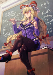 Rule 34 | 1girl, alternate costume, bespectacled, black pantyhose, blonde hair, book, bow, breasts, bucket, buttons, chalkboard, cleavage, cross-laced clothes, crossed legs, desk, eraser, formal, frills, from below, full body, glasses, hair bow, hat, hat bow, high heels, holding, indoors, jacket, kuroshio (zung-man), large breasts, legs, light smile, long hair, long sleeves, looking at viewer, low-tied long hair, miniskirt, on desk, pantyhose, patterned legwear, pencil skirt, podium, pointer, print pantyhose, purple eyes, red-framed eyewear, shoes, side slit, sitting, on desk, skirt, skirt suit, smile, solo, suit, taut clothes, teacher, thighs, touhou, very long hair, wide hips, yakumo yukari, yin yang