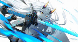 Rule 34 | 1girl, action, colored skin, commentary request, cyborg, glowing, glowing sword, glowing weapon, highres, holding, holding sword, holding weapon, horns, joints, long hair, lucia: crimson abyss (punishing: gray raven), mechanical arms, mechanical hands, oni horns, orange eyes, pale skin, punishing: gray raven, q9q, robot ears, robot joints, solo, sword, weapon, white hair, white skin