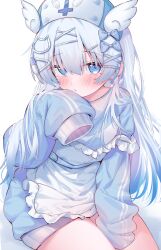 Rule 34 | 1girl, apron, arm between legs, blue eyes, blue hair, blue jacket, blush, earrings, eip (pepai), frilled apron, frills, hat, highres, jacket, jersey maid, jewelry, long hair, looking at viewer, maid, nurse cap, original, pill earrings, pill hair ornament, sleeves past fingers, sleeves past wrists, solo, straight hair, thighs, track jacket, unconventional maid, very long hair, white apron, wing earrings