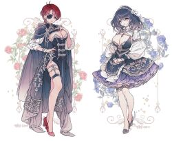 Rule 34 | 2girls, black cape, black dress, black footwear, black hair, blue flower, blue rose, breasts, cape, cleavage, dress, embroidery, eyepatch, fashion, flower, frilled dress, frills, full body, hair ornament, hand on own hip, headband, high heels, large breasts, lemon89h, looking at viewer, medium hair, multiple girls, original, parted bangs, pelvic curtain, pink eyes, pink flower, pink rose, purple eyes, red footwear, red hair, rose, scar, short hair, shrug (clothing), standing, thigh strap, thighhighs, waist cape, white background, white thighhighs, yellow eyes