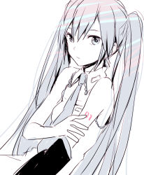 Rule 34 | bad id, bad pixiv id, bare shoulders, detached sleeves, greyscale, hatsune miku, long hair, monochrome, necktie, solo, teti, twintails, very long hair, vocaloid