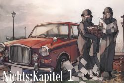 Rule 34 | 2boys, absurdres, black coat, black eyes, black footwear, black hair, box, car, coat, commentary typo, day, facing viewer, fatalbug896, fog, full body, german commentary, german text, grass, high collar, high heels, highres, holding, holding box, holding map, lamppost, long sleeves, looking away, male focus, map, mixed-language commentary, motor vehicle, multiple boys, original, outdoors, paper, plant, shoes, short hair, sleeves past fingers, sleeves past wrists, standing, stiletto heels, suitcase, translated, turtleneck, vanden plas, vanden plas princess, vehicle focus