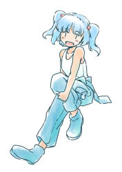 Rule 34 | 1girl, :d, adapted costume, bare shoulders, blue pants, blunt bangs, boots, commentary request, full body, hair bobbles, hair ornament, happy, hugging own legs, jumpsuit, kawashiro nitori, knee up, long hair, looking at viewer, no headwear, open mouth, pants, rangycrow, simple background, smile, solo, tank top, touhou, two side up, white background, white tank top, | |
