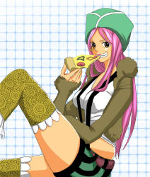 Rule 34 | 1girl, bad id, bad pixiv id, beanie, chiroru shimai, food, grin, hat, jacket, jewelry bonney, long hair, one piece, patterned legwear, pink hair, pizza, sabaody archipelago, smile, solo, suspenders, thighhighs
