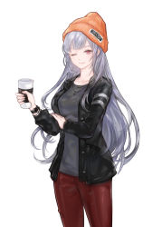 Rule 34 | 1girl, 96dgd, ak-12 (girls&#039; frontline), alternate costume, beanie, black jacket, breasts, casual, closed mouth, collarbone, cup, girls&#039; frontline, grey shirt, hand on own arm, hat, highres, holding, holding cup, jacket, jewelry, long hair, long sleeves, looking at viewer, medium breasts, necklace, one eye closed, open clothes, open jacket, pants, purple eyes, red pants, shirt, sidelocks, silver hair, simple background, smile, solo, very long hair, watch, white background