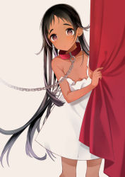Rule 34 | 1boy, bare arms, bare shoulders, black hair, brown eyes, chain, collar, collarbone, commentary, curtain grab, curtains, dark-skinned male, dark skin, dress, leash, long hair, looking at viewer, male focus, mole, mole under eye, original, red curtains, sakiyo cake, simple background, slave, solo, strap slip, torn clothes, torn dress, trap, very long hair, white background, white dress