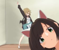 Rule 34 | &gt;o&lt;, 2girls, :o, animal ears, arm up, asterisk (idolmaster), bass guitar, black jacket, blurry, blurry background, blush, breasts, brown hair, cat ears, cleavage, depth of field, expressionless, fake animal ears, head, head tilt, headphones, highres, idolmaster, idolmaster cinderella girls, indoors, instrument, ito (itokayu), jacket, looking at viewer, maekawa miku, medium breasts, multiple girls, music, outstretched arm, photobomb, playing instrument, print shirt, shirt, short hair, solo focus, tada riina