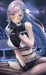 Rule 34 | 1girl, absurdres, asymmetrical bangs, asymmetrical legwear, bare arms, bare shoulders, bespectacled, black gloves, blue hair, bright pupils, chain, chain necklace, commentary, crop top, elvandec, fishnet pantyhose, fishnets, glasses, gloves, green eyes, grey thighhighs, highres, holding, holding microphone, hololive, hololive indonesia, indian style, jewelry, light smile, long hair, looking at viewer, microphone, midriff, mismatched legwear, multicolored hair, necklace, official alternate costume, orange-tinted eyewear, pantyhose, parted lips, pavolia reine, pavolia reine (streetwear), ponytail, single thighhigh, sitting, sleeveless, solo, stage lights, striped clothes, striped thighhighs, thighhighs, tinted eyewear, turtleneck, twitter logo, twitter username, two-tone hair, vertical-striped clothes, vertical-striped thighhighs, virtual youtuber, white hair, white pupils