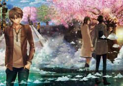 Rule 34 | 1girl, 2boys, bag, black socks, brown eyes, brown hair, byousoku 5 centimeter, cherry blossoms, cloud, commentary request, couple, diffraction spikes, dual persona, hetero, highres, holding hands, kneehighs, lens flare, lens flare abuse, looking at another, multiple boys, railroad crossing, shinohara akari, sky, socks, star (sky), starry sky, time paradox, toono takaki