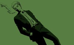 Rule 34 | 1boy, atlus, belt, doujima ryoutarou, dutch angle, formal, gintama, green background, green eyes, green theme, hands in pockets, looking at viewer, male focus, monochrome, necktie, pants, parody, persona, persona 4, short hair, smoking, solo, standing, suit, uzu hi