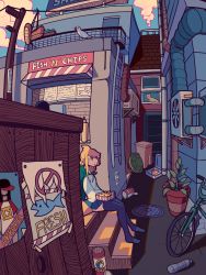 Rule 34 | 1girl, bicycle, bird, black thighhighs, blonde hair, blue skirt, cat, d-floe, fins, fish tail, head fins, highres, ladder, long hair, looking away, original, outdoors, scenery, seagull, shark girl, shark tail, sitting, skirt, solo, stairs, sunset, tail, thighhighs