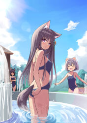 Rule 34 | 3girls, adjusting clothes, adjusting swimsuit, animal ear fluff, animal ears, ass, back cutout, bench, blue one-piece swimsuit, blush, breasts, brown hair, cat ears, cat girl, cat tail, closed eyes, closed mouth, clothing cutout, cloud, commentary request, competition swimsuit, crossed arms, dog ears, dog tail, fountain, from behind, highres, long hair, looking at viewer, looking back, medium breasts, multiple girls, one-piece swimsuit, open mouth, original, outdoors, parted lips, pink eyes, short hair, sky, small breasts, smile, spaghetti strap, standing, swimsuit, tail, tenjou ryuka, thighs, wading, water
