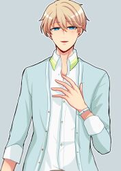 Rule 34 | 1boy, absurdres, akechi hideki, blonde hair, blue eyes, blue jacket, blush, bright pupils, buttons, collared shirt, commentary request, grey background, hair between eyes, hand on own chest, highres, jacket, koruri456, long bangs, looking at viewer, mahjong soul, male focus, open clothes, open jacket, open mouth, shirt, short hair, simple background, smile, solo, upper body, white pupils, white shirt