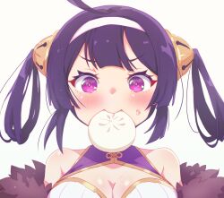 Rule 34 | 1girl, ahoge, arbiter1, azur lane, bare shoulders, blue hair, blush, breasts, china dress, chinese clothes, cleavage, dress, dumpling, food, fur-trimmed jacket, fur trim, hair ornament, hair rings, hairband, highres, jacket, large breasts, long hair, looking at viewer, mouth hold, ning hai (azur lane), pink eyes, purple dress, simple background, smile, upper body, white background, white hairband