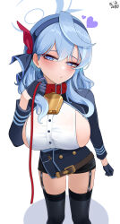 Rule 34 | 1girl, 82jhin, absurdres, ako (blue archive), animal collar, bell, black garter straps, black thighhighs, blue archive, blue eyes, blue gloves, blue hair, blue jacket, blush, breasts, collar, feet out of frame, garter straps, gloves, halo, heart, highres, jacket, large breasts, leash, looking at viewer, neck bell, pencil skirt, shirt, sideboob, sideless outfit, signature, simple background, skirt, solo, sweatdrop, thighhighs, white background, white shirt