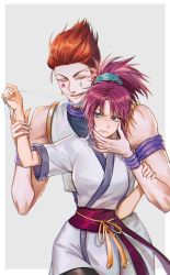 Rule 34 | 1boy, 1girl, arm grab, bad id, bad twitter id, blood, blue eyes, bracelet, breasts, cowboy shot, disgust, earrings, evil smile, facial mark, fingernails, hair between eyes, hair slicked back, hand on another&#039;s face, height difference, hisoka morow, hunter x hunter, japanese clothes, jewelry, kimono, korean commentary, long fingernails, looking at another, machi komacine, medium breasts, medium hair, messy hair, obijime, pink hair, ponytail, ppap (11zhakdpek19), red hair, sash, short sleeves, simple background, sleeveless, smile, star (symbol), star facial mark, teardrop facial mark, thread, toned, toned male, vest, white kimono, yellow eyes