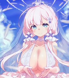 1girl arbiter1 azur_lane blue_eyes blue_sky blush breasts bridal_veil bride cleavage cleavage_cutout clothing_cutout cloud cloudy_sky collarbone crown dress feathers flower frilled_dress frills gloves hair_flower hair_ornament highres illustrious_(azur_lane) illustrious_(morning_star_of_love_and_hope)_(azur_lane) large_breasts long_hair low_twintails neck_ribbon parted_bangs print_dress ribbon sky smile solo twintails veil wedding_dress white_dress white_gloves