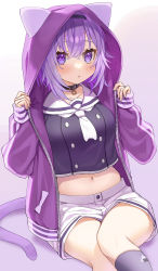 Rule 34 | 1girl, :o, ahoge, animal ear fluff, animal ears, animal hood, blush, breasts, buttons, cat ears, cat girl, cat hood, cat tail, collar, commentary, double-breasted, gradient background, grey background, hands up, highres, hololive, hololive gamers, hood, hoodie, kneehighs, large breasts, long sleeves, looking at viewer, navel, nekomata okayu, nekomata okayu (1st costume), nekomata okayu (casual), omaru (0marufestival), purple eyes, purple hair, sailor collar, short hair, shorts, sitting, skindentation, smile, socks, solo, stomach, tail, virtual youtuber, white sailor collar, white shorts