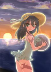 Rule 34 | 1girl, :d, ball, bare shoulders, beachball, black hair, burn scar, cloud, dorei to no seikatsu ~teaching feeling~, from side, grey eyes, happy, hat, hat ribbon, highres, long hair, looking at viewer, ocean, one-piece swimsuit, open mouth, ribbon, scar, smile, solo, sun hat, sunset, swimsuit, sylvie (dorei to no seikatsu), tom-brown, water