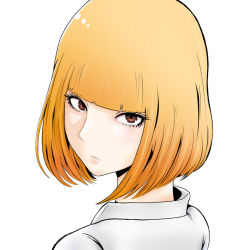 Rule 34 | 1girl, absurdres, artist request, blonde hair, blunt bangs, brown eyes, eyelashes, frown, highres, looking at viewer, looking back, midorikawa hana, nape, prison school, shirt, short hair, simple background, upper body, white background, white shirt